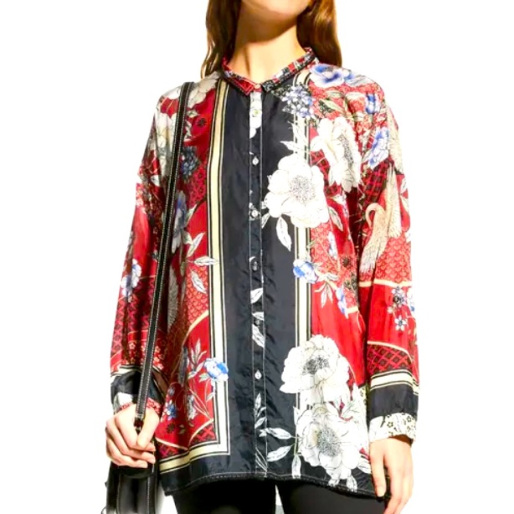 Johnny Was Crane Mallory Button Down Silk Blouse Size Large EUC